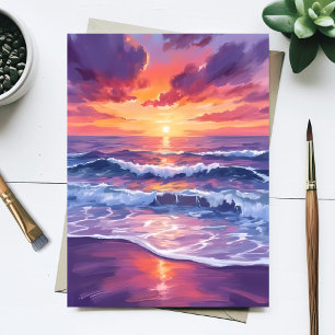 Cartão Postal Maré Violeta   Ondas do Oceano Pintadas ao Pôr do 