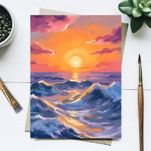 Cartão Postal Mares Rochosos Ondas do Oceano Pintura em Aquarela
