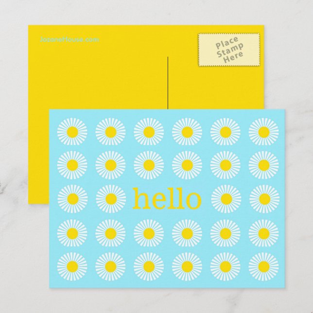 Cartão Postal Margarida de Verão Azul e Amarelo Olá (Frente/Verso)