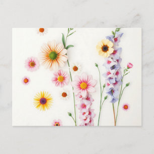 Cartão Postal Margaridas Delphiniums Suaves aquarela