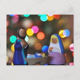 Cartão Postal Maria, José & Menino Jesus, Natal, bokeh, luzes