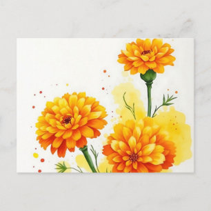 Cartão Postal Marigolds de Aquarela em Laranja e Amarelo