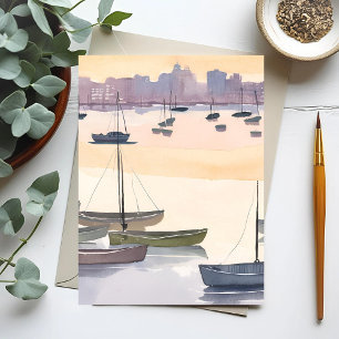 Cartão Postal Marina de Barcos   Baía Oceânica em Aquarela