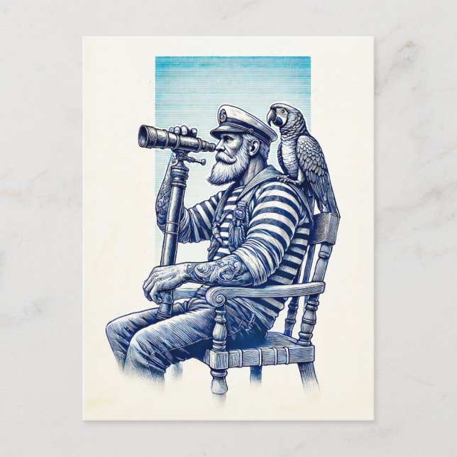 Cartão Postal Marinheiro Antigo com Binóculos e um Papagaio (Frente)