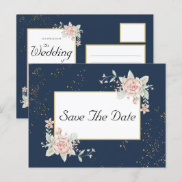 Cartão Postal Marinho Azul Blush Cor-De-Rosa Casamento Salvar A