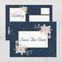 Cartão Postal Marinho Azul Blush Cor-De-Rosa Casamento Salvar A