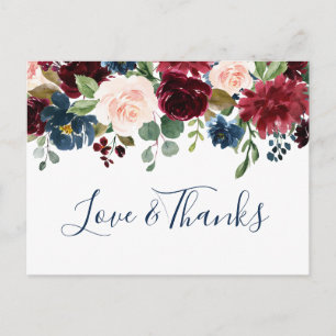 Cartão Postal Marinho Azul Blush Floral Obrigado