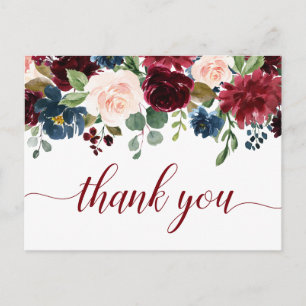 Cartão Postal Marinho Azul Blush Floral Obrigado