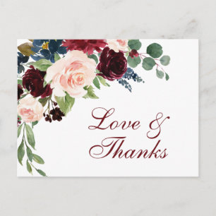 Cartão Postal Marinho Azul Blush Floral Obrigado