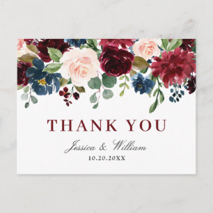 Cartão Postal Marinho Azul Blush Floral Obrigado