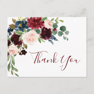 Cartão Postal Marinho Azul Blush Floral Obrigado