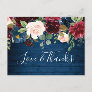 Cartão Postal Marinho Azul Blush Floral Obrigado