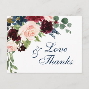 Cartão Postal Marinho Azul Blush Floral Obrigado