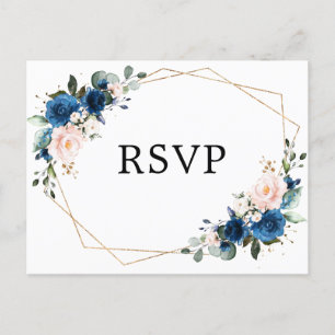 Cartão Postal Marinho Azul Blush Floral RSVP Geométrico