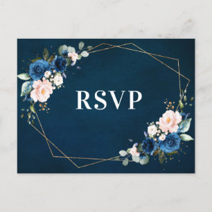 Cartão Postal Marinho Azul Blush Floral RSVP Geométrico