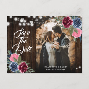 Cartão Postal Marinho Azul Borgonha Blush Foto De Casamento Flor