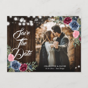 Cartão Postal Marinho Azul Borgonha Blush Foto De Casamento Flor