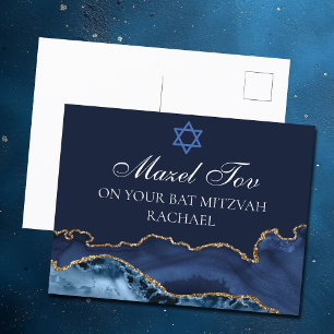 Cartão Postal Marinho Azul Dourado Bat Mitzvah Mazel Tov