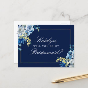 Cartão Postal Marinho Azul Dourado Floral Você Será Minha Porta-