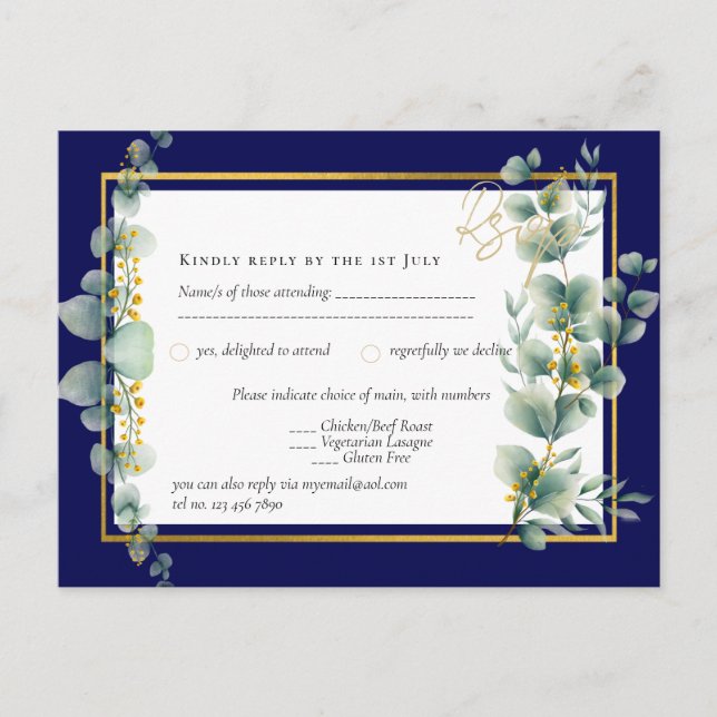 Cartão Postal MARINHO azul DOURADO Verde Eucalyptus Wedding RSVP (Frente)