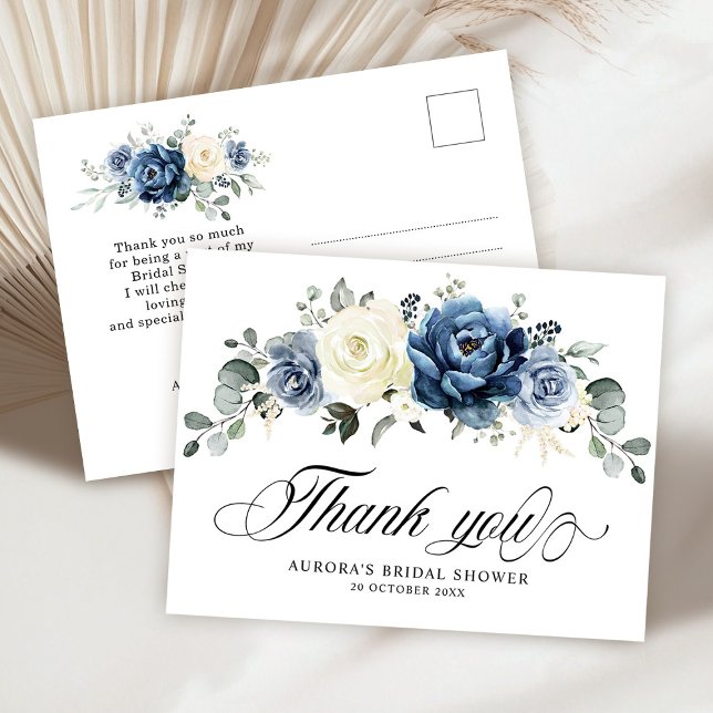 Cartão Postal Marinho azul Dusty Champagne Ivory Floral Obrigado (Dusty Blue Navy Champagne Ivory Floral Bridal Shower Thank you Postcard)