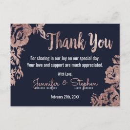 Cartão Postal Marinho Azul e Rosa Dourado Floral Obrigado