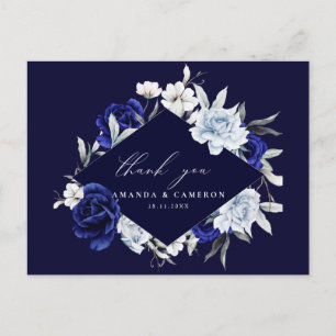 Cartão Postal Marinho Azul Elegante Casamento Floral Obrigado