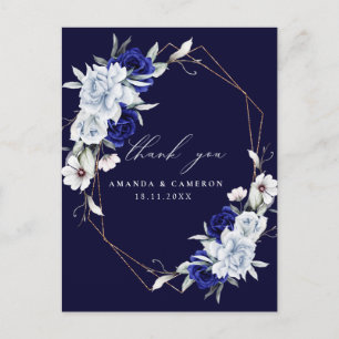 Cartão Postal Marinho Azul Elegante Casamento Floral Obrigado