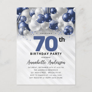 Cartão Postal Marinho Azul Prata Balão Brilhante 70 Aniversário