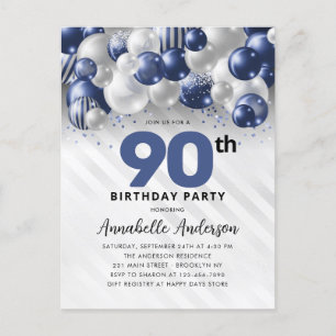 Cartão Postal Marinho Azul Prata Balão Brilhante 90 Aniversário