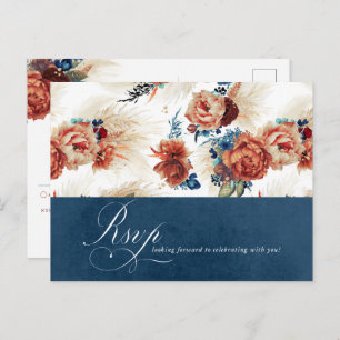 Cartão Postal Marinho Azul Terracotta Floral Boho Casamento RSVP