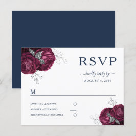 Cartão Postal Marinho Blue Burgundy Peonies Floral Weding RSVP