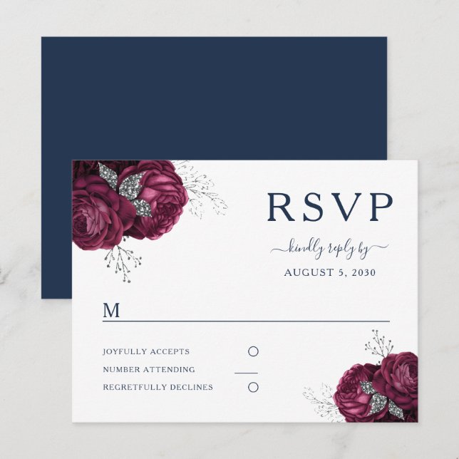 Cartão Postal Marinho Blue Burgundy Peonies Floral Weding RSVP (Frente/Verso)