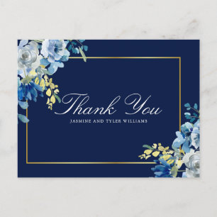 Cartão Postal Marinho Blue Dourado Floral Elegante Obrigado