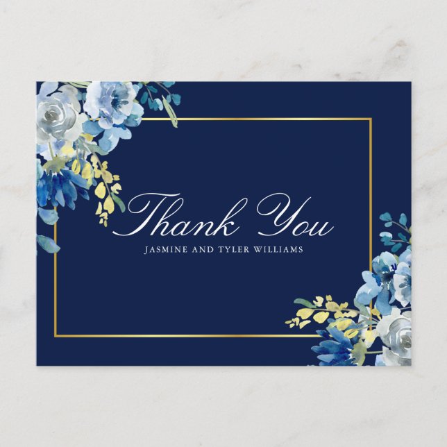 Cartão Postal Marinho Blue Dourado Floral Elegante Obrigado (Frente)