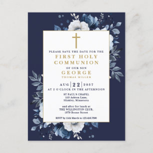 Cartão Postal Marinho Blue Floral Santa Comunhão Salvar a Data