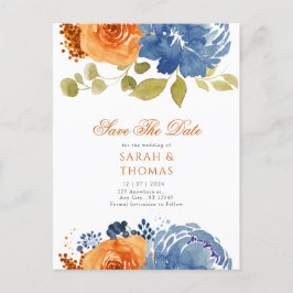 Cartão Postal Marinho Blue Orange Boho Floral Queda Salvar Data