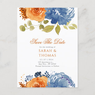 Cartão Postal Marinho Blue Orange Boho Floral Queda Salvar Data