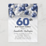 Cartão Postal Marinho Blue Silver Balloon Glitter 60º Aniversári<br><div class="desc">Marinho Glam Moderno Balão Azul Prata Brilhante Brilhante Qualquer Convite De Aniversário De Idade</div>