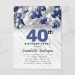 Cartão Postal Marinho  Blue Silver Balloon Glitter aniversário d<br><div class="desc">Marinho Glam Moderno Balão Azul Prata Brilhante Brilhante Qualquer Convite De Aniversário De Idade</div>