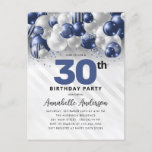 Cartão Postal Marinho Blue Silver Balloon Glitter Qualquer Idade<br><div class="desc">Marinho Glam Moderno Balão Azul Prata Brilhante Brilhante Qualquer Convite De Aniversário De Idade</div>