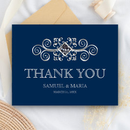 Cartão Postal Marinho Blue Silver Flourish Casamento Obrigado