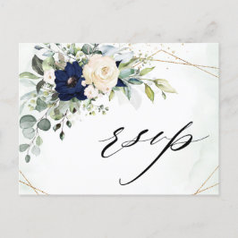 Cartão Postal Marinho Blush Floral Greenery Geométrico RSVP