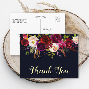 Cartão Postal Marinho Boho Floral Burgundy Casamento outono Obri