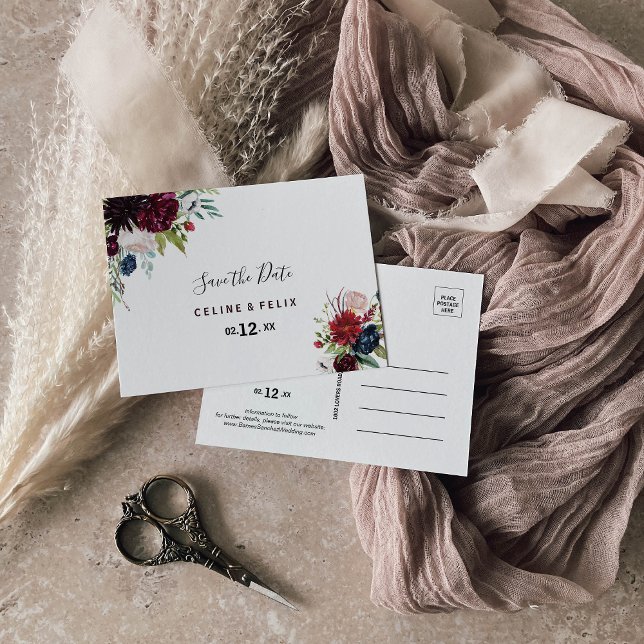 Cartão Postal Marinho Borgonha Moderna Blush Floral Salve a Data (Criador carregado)