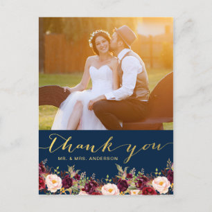 Cartão Postal Marinho Burgundy Floral Dourado Foto Casamento Obr