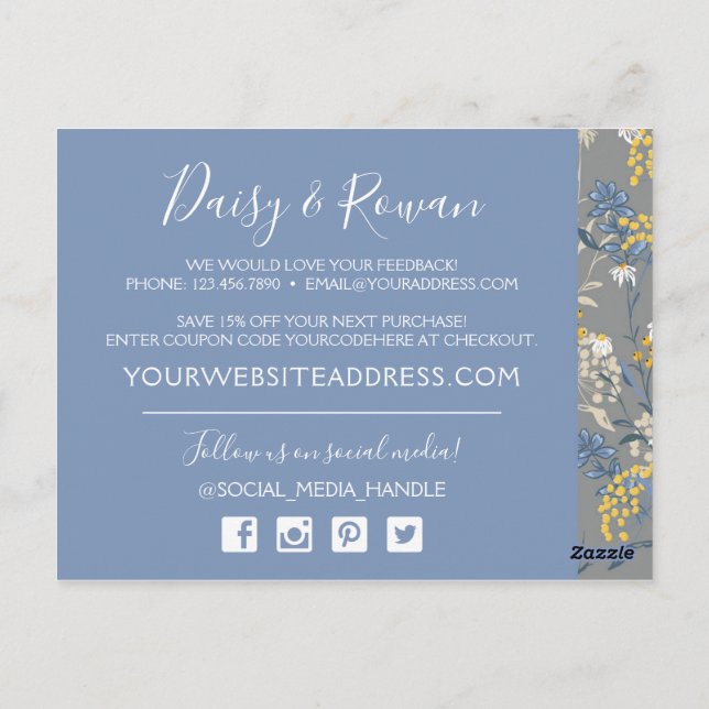 Cartão Postal Marinho Daisy Rowan e Botânico Amarelo Obrigado (Verso)