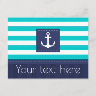 Cartão Postal Marinho de Turquesa Náutica Blue Striped Anchor Pe