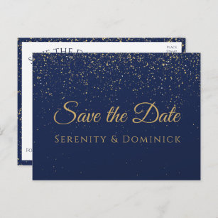 Cartão Postal Marinho Dourado De Casamento Azul Salvar A Data