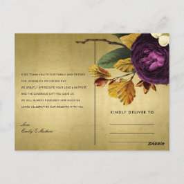 CARTÃO POSTAL MARINHO DOURADO RETRO BURGUNDY FLORAL WEDDING OBRI